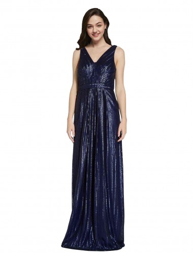 Cheap Sleeveless V-Neck Sequin Dark Navy Sheath Long Formal Dress Canada