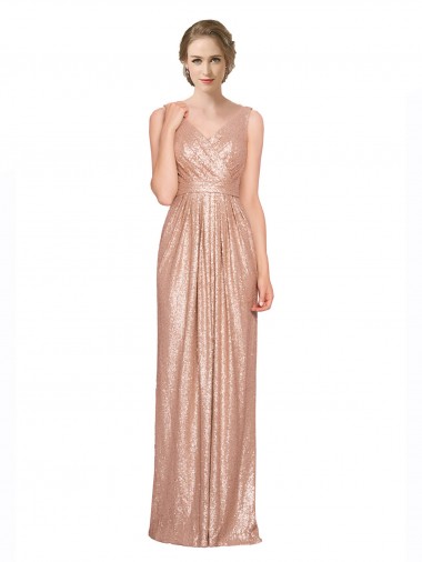 Cheap Sleeveless V-Neck Sequin Rose Gold Long Formal Dresses Canada