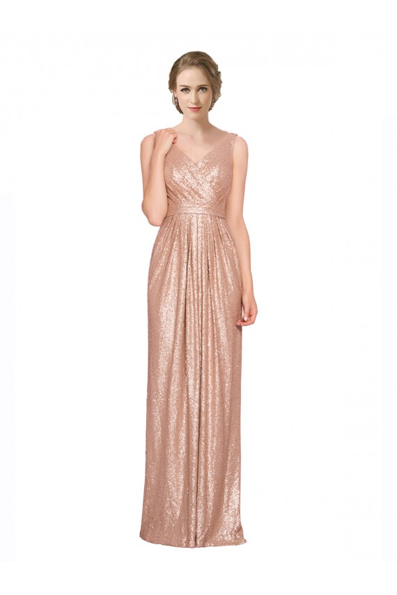 Cheap Sleeveless V-Neck Sequin Rose Gold Long Formal Dresses Canada