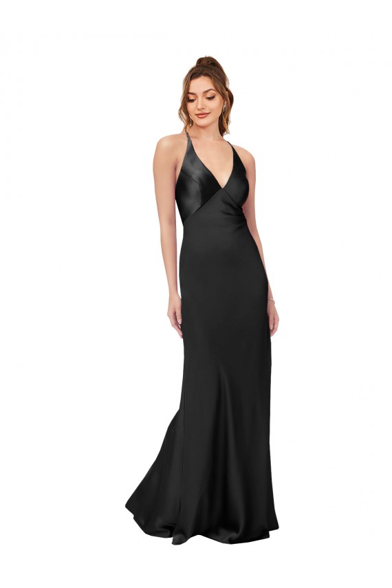 Cheap Sleeveless V-Neck Silky Satin Black Long Black Tie Formal Dress Canada