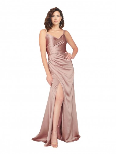 Cheap Sleeveless V-Neck Silky Satin Dusty Pink Long Black Tie Formal Dress Canada
