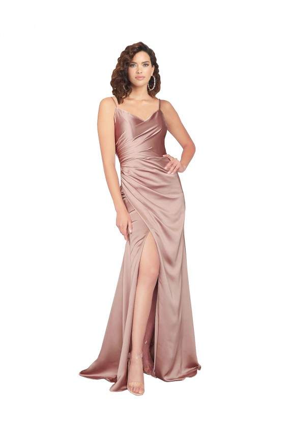 Cheap Sleeveless V-Neck Silky Satin Dusty Pink Long Black Tie Formal Dress Canada