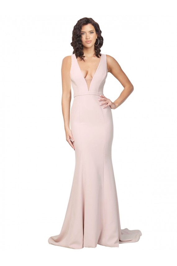 Cheap Sleeveless V-Neck Stretch Crepe Pink Sweep Train Black Tie Formal Dress Canada