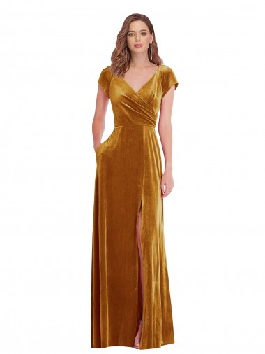 Cheap Cap Sleeves V-Neck Stretch Velvet Gold Long Formal Dress Canada