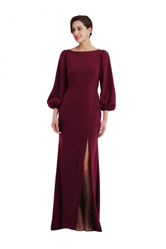 Cheap Long Sleeves Bateau Neck Stretch Crepe Burgundy Gold Long Formal Dress Canada