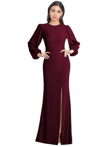 Cheap Puff Sleeves Bateau Neck Stretch Crepe Burgundy Gold Long Formal Dress Canada
