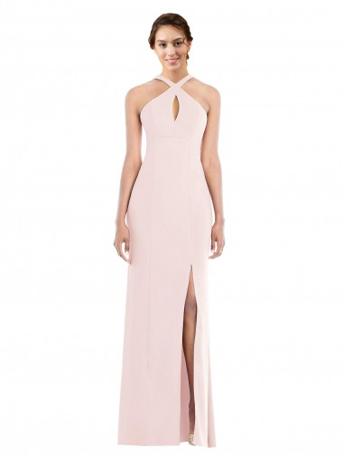 Cheap Sleeveless Halter Neck Stretch Crepe Pink Long Formal Dress Canada