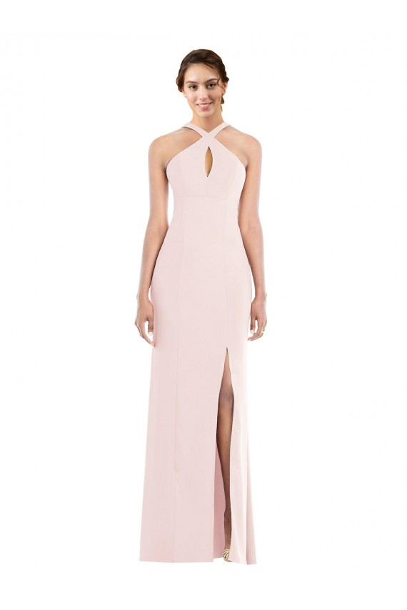 Cheap Sleeveless Halter Neck Stretch Crepe Pink Long Formal Dress Canada