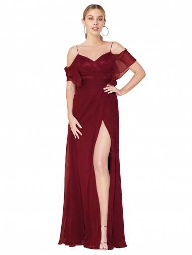 Cheap Cold Shoulder High Neck Chiffon Burgundy Long Formal Dress Canada
