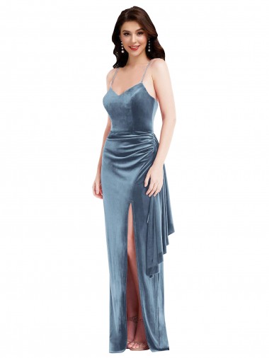 Cheap Sleeveless Sweetheart Stretch Velvet Dusty Blue Long Formal Dress Canada