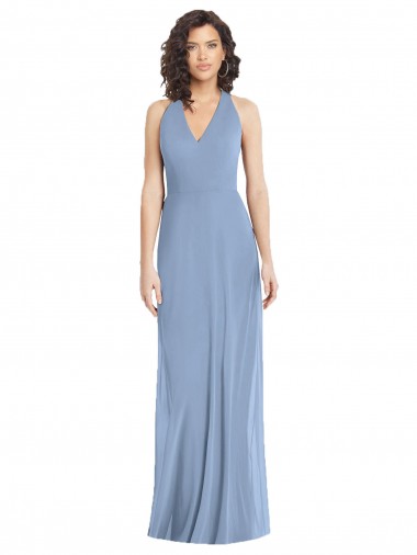 Cheap Sleeveless V-Neck Chiffon Dusty Blue Long Formal Dress Canada