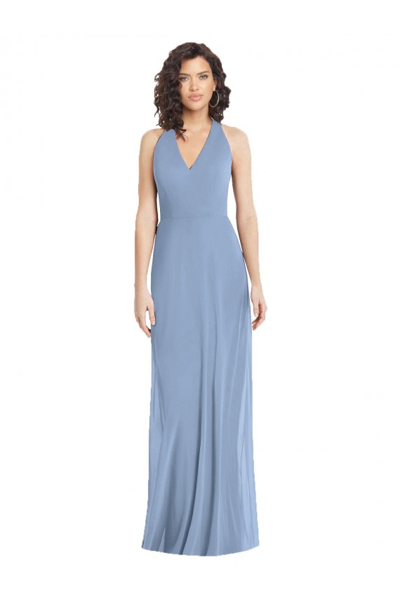 Cheap Sleeveless V-Neck Chiffon Dusty Blue Long Formal Dress Canada